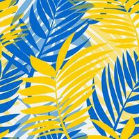 tropical palma hojas son azul y amarillo. sin costura moderno modelo con exótico plantas para textil y papel. vector. vector