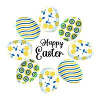 Happy Easter. Stylish trendy square postcard with cute colored eggs in blue and yellow arranged in a circle in a modern design. View from above. Vector. vector