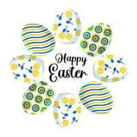 Happy Easter. Stylish trendy square postcard with cute colored eggs in blue and yellow arranged in a circle in a modern design. View from above. Vector. vector