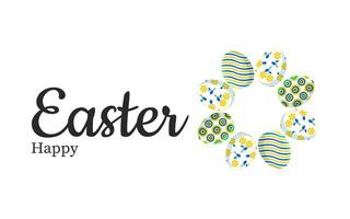 Easter. Happy Holidays. Stylish trendy horizontal postcard with cute painted eggs in blue and yellow colors in a modern design. Vector. vector