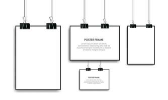 Blank white poster hanging with binder clips. vector