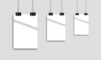 Blank white poster hanging with binder clips. vector