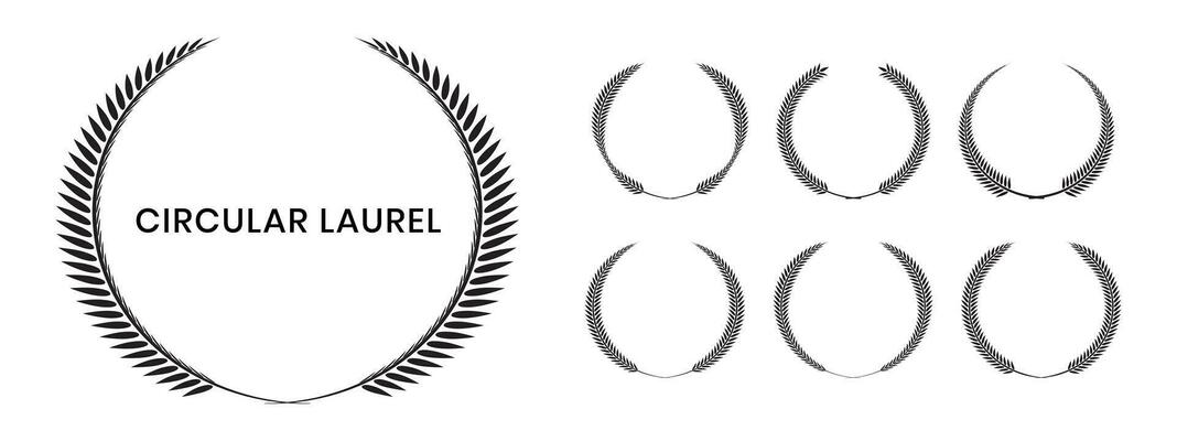 Set of black silhouette circular laurel foliate, wheat and oak wreaths depicting an award, achievement, heraldry, nobility on white background. Vector emblem.