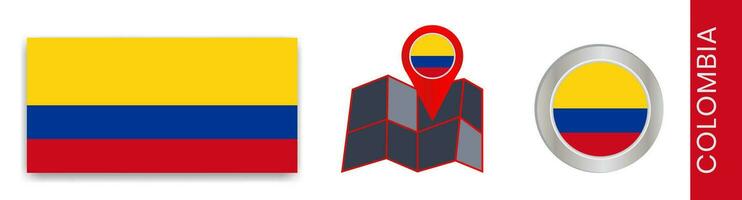 Collection of national flags of Colombia isolated in official colors and map icons of Colombia with country flags. vector