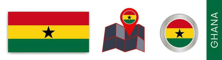 Collection of Ghana national flags isolated in official colors and map icons of Ghana with country flags. vector