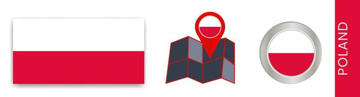 Collection of Polish national flags isolated in official colors and map icons of Poland with country flags. vector