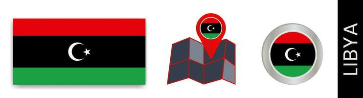 Collection of Libyan national flags isolated in official colors and Libya map icons with country flags. vector