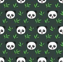 Panda bear and bamboo leaveson dark green backround. kawaii animal kids seamless pattern design for wrapping paper, fabric and textile. vector