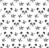 pattern of pandas and bamboo leaves in black on a white background, black and white cartoon pattern vector