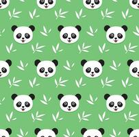 cartoon pattern of pandas and bamboo leaves in white on pastel green background vector