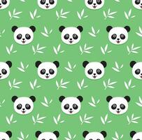 cartoon pattern of pandas and bamboo leaves in white on pastel green background vector