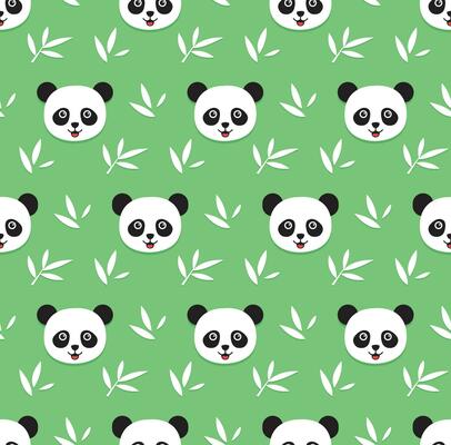 cartoon pattern of pandas and bamboo leaves in white on pastel green background