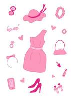 Glamorous stylish modern pink elements for a girl. Dress, clothes, shoes, rollers, hat, glasses, bag, lipstick.Nostalgic barbiecore 2000s style collection vector