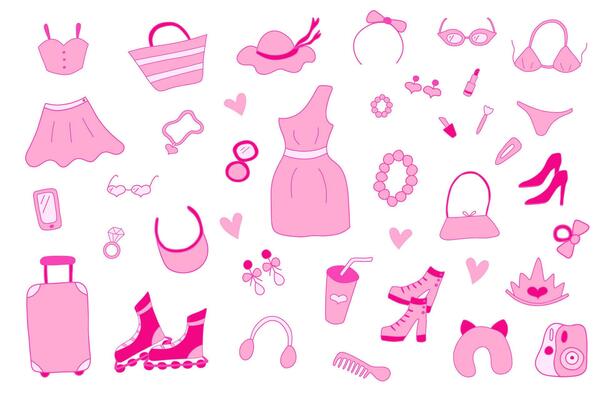 Glamorous trendy pink stickers set. Nostalgic barbiecore 2000s style collection.Isolated elements on white background dress, swimsuit, phone, camera, glasses, lipstick, hat, shoes, bag, rollers