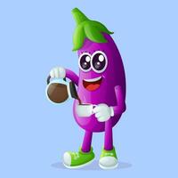 Cute eggplant character pouring coffee vector