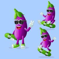 Cute eggplant characters skateboarding vector
