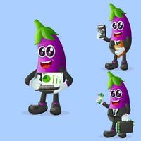 Cute eggplant characters in finance vector