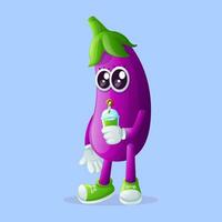 Cute eggplant character drinking a green smoothie with a straw vector