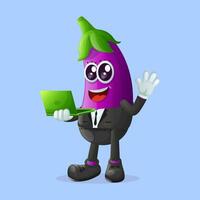 Cute eggplant character typing on a computer vector