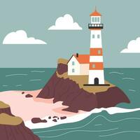 Vector illustration of coast, lighthouse and sea. Flat style. Perfect for decorating projects with a travel, vacation and vacation theme. Editable, scalable, perfect for print and digital projects.