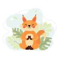 Squirrel doing yoga in the woods. Vector illustration of a meditating animal. Cute squirrel in cartoon style on the background of leaves. Creative illustration. T-shirt print. Isolated background.