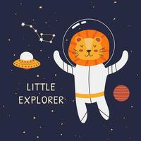 Hand-drawn vector illustration of a cute astronaut lion in space. Cute space illustration with animal in a spacesuit. Little explorer. Stars, planets.Concept for printing  children's t-shirt, postcard