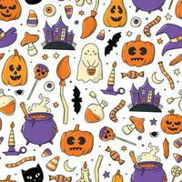 Halloween seamless pattern with cute doodles, cartoon elements for nursery textile prints, wallpaper, wrapping paper, stationary, scrapbooking, packaging, backgrounds, etc. EPS 10 vector