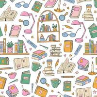 books seamless pattern with doodle elements, cartoon objects on white background for wallpaper, packaging, wrapping paper, prints, etc. EPS 10 vector