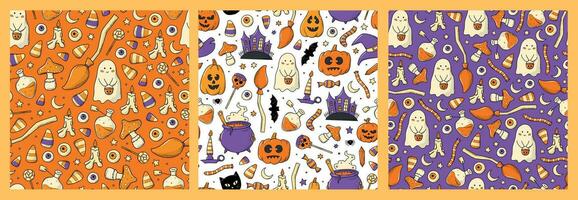 set of 3 Halloween seamless patterns with doodles for nursery prints, cards, wallpaper, textile, wrapping paper, scrapbooking, backgrounds, etc. EPS 10 vector