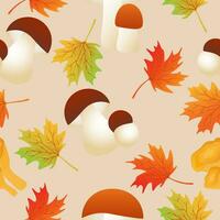 Autumn seamless pattern with maple leaves,ceps, chanterelle, orange boletus. vector