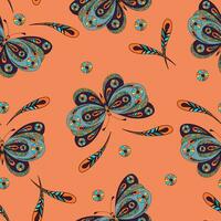 Seamless pattern with hand drawn butterfly on orange background. vector