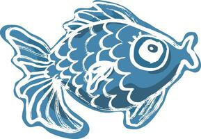 obra de arte seco cepillo tinta azul pescado impresión vector