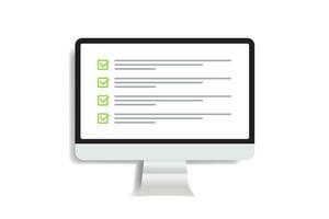 Computer monitor icon in a trendy flat style with a data checklist. Questions concept for the test check box. Notebook screen. Vector illustration element.