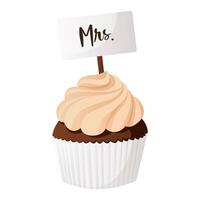 Wedding bride chocolate frosted cupcake decorated sign Mrs in paper cup. Muffin with cream. Wedding day accessories, decorations. Celebrate marriage, save the date ceremony. vector