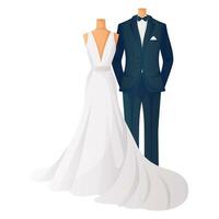 Wedding bride dress, groom suit on couple mannequins for bridal shop. Brides, grooms fit clothes showroom. Wedding day accessories, decorations. Celebrate marriage, save the date ceremony. vector