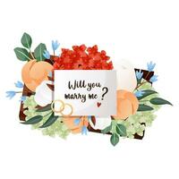 Will You Marry Me proposing card in flower box with engagement rings. Wedding day accessories, decorations. Celebrate marriage, save the date ceremony. vector