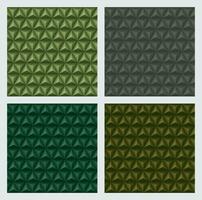 3d triangles pyramids, earth tone green color backgrounds set. Geometric hexagons, diamonds shape, seamless patterns. Vector illustration.