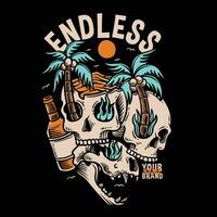 skull head illustration with beer bootle and palm trees, summer illustration design for apparel vector