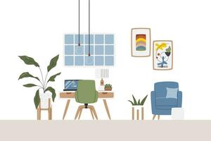 United work and resting area at home. Illuminated workspace with houseplants. Relaxing zone with posters wall art and pouf next to huge window. Home office interior hand drawn flat vector illustration