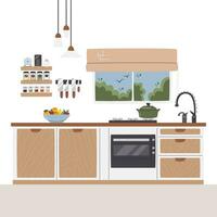 Modern kitchen set design next to window. On wall shelves and knife magnetic strip. Different species organizers and containers with groats. Kitchen interior scene hand drawn flat vector illustration