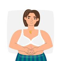 Young mother in maternity nursing bra for breastfeeding. Mom making heart from hands on stomach scar. Body-positive concept design. Mommy with c-section surgery hand drawn flat vector illustration
