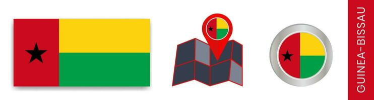 The collection of Guinea-Bissau national flags isolated in official colors and a map icon of Guinea-Bissau with country flags. vector