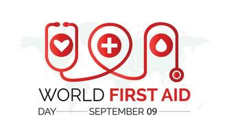 Vector illustration on the theme of World First Aid day observed each year on second Saturday of September. First aid box. Blood and heart design.