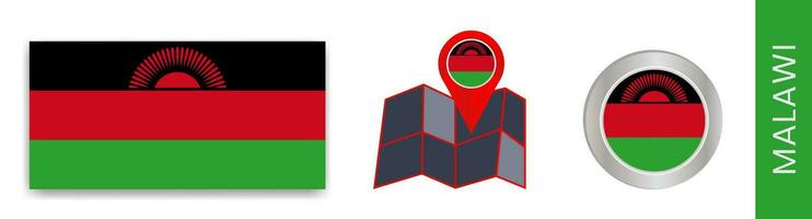 Collection of Malawi national flags isolated in official colors and map icons of Malawi with country flags. vector