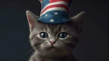 A small kitten sits in a hat the color of the American flag. Concept postcard with a cat for USA Independence Day. AI generated photo