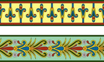 Vector set of two colorful seamless Egyptian borders. Endless Ornaments of Ancient Egypt. Geometric African frame.