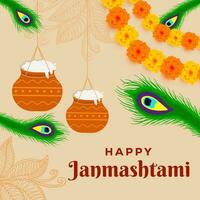 happy janmashtami illustration with peacock feather and hanging dahi handi makkhan vector