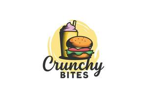 crunchy bites logo with a combination of a burger and a milkshake. great for restaurant, cafe, etc. vector