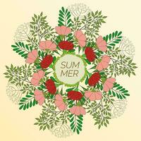 Summer floral background in the form of a wreath of flowers and green leaves. For the design of postcards, brochures vector