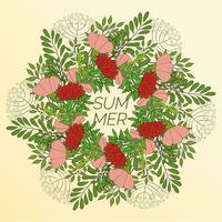 Summer floral background in the form of a wreath of flowers and green leaves. For the design of postcards, brochures vector